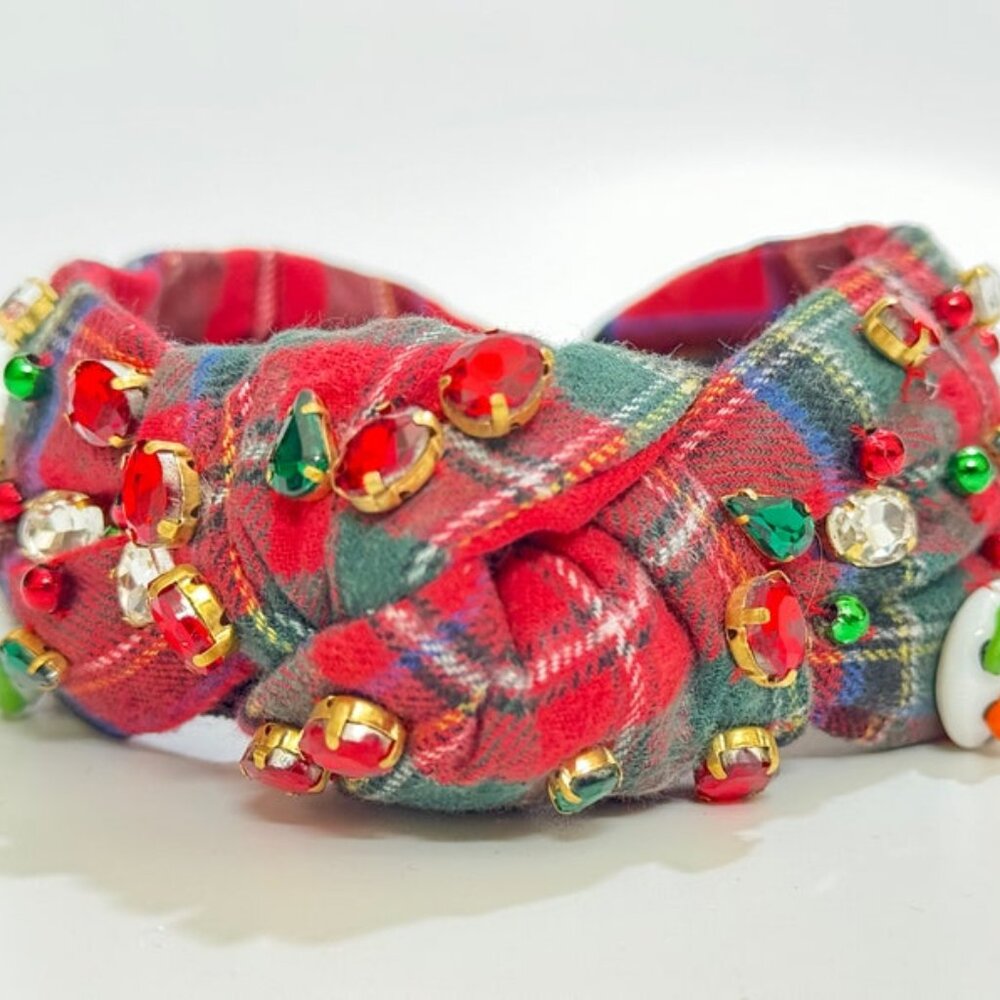 Festive Red Tartan Handmade Knotted Jeweled Headband with Cherry Glass Bead